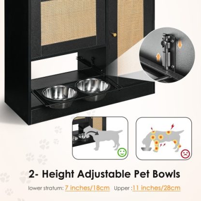 Feeding Station With 2 Lockers, Pet Feeding Station With 2 Elevated Dog Bowls, Side Hooks, Anti-tipping Kit, Hidden Pet Feeding Station For Feeding And Watering, Rattan Door, Black - Image 8