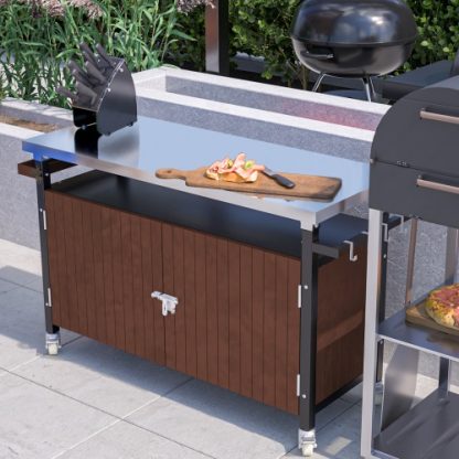 Outdoor Grill Cart With Stainless Steel Tabletop, Storage, Patio Kitchen Island With Wheels, Hooks, And Spice Rack, Waterproof Outdoor Grill Table, Movable BBQ Serving Cart Rolling Bar Cart - Image 5