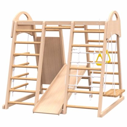 Indoor Playground 7-in-1 Jungle Gym Playset For Kids 2-6yrs - Slide, Climbing Wall, Rope Wall Climber, Monkey Bars, Swing - Waldorf And Montessori Style Wooden Climb Set. - Image 5