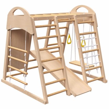 Indoor Playground 7-in-1 Jungle Gym Playset For Kids 2-6yrs - Slide, Climbing Wall, Rope Wall Climber, Monkey Bars, Swing - Waldorf And Montessori Style Wooden Climb Set. - Image 2