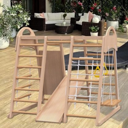 Indoor Playground 7-in-1 Jungle Gym Playset For Kids 2-6yrs - Slide, Climbing Wall, Rope Wall Climber, Monkey Bars, Swing - Waldorf And Montessori Style Wooden Climb Set. - Image 3