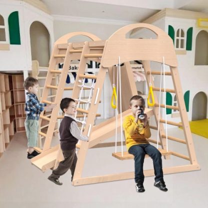 Indoor Playground 7-in-1 Jungle Gym Playset For Kids 2-6yrs - Slide, Climbing Wall, Rope Wall Climber, Monkey Bars, Swing - Waldorf And Montessori Style Wooden Climb Set. - Image 8
