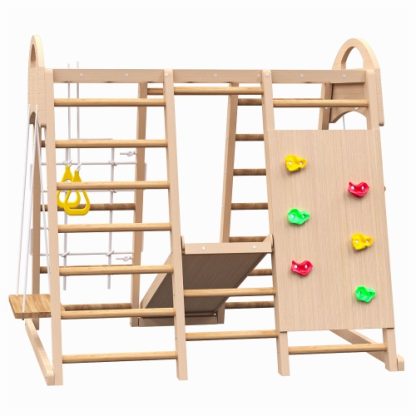 Indoor Playground 7-in-1 Jungle Gym Playset For Kids 2-6yrs - Slide, Climbing Wall, Rope Wall Climber, Monkey Bars, Swing - Waldorf And Montessori Style Wooden Climb Set. - Image 6