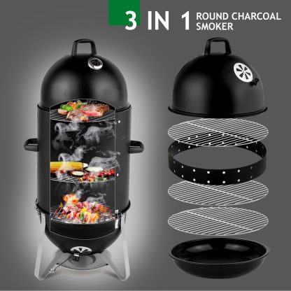 48x48x119cm Black 3-layer Oval Cylinder Smoker Iron Charcoal Grill - Image 8