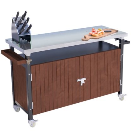 Outdoor Grill Cart With Stainless Steel Tabletop, Storage, Patio Kitchen Island With Wheels, Hooks, And Spice Rack, Waterproof Outdoor Grill Table, Movable BBQ Serving Cart Rolling Bar Cart - Image 2