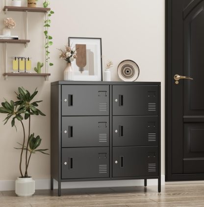 6Doors Metal Storage Locker With Card Slot,Metal Locker For Employees With Keys And Ventilation Holes,Suitable For Office, Home, Bank, School,Gym,Requires Installation,Black