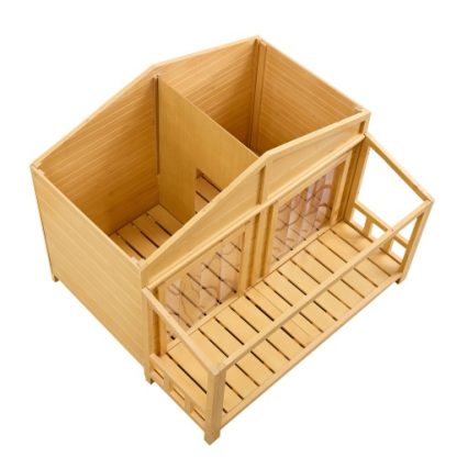 Dog House, Waterproof Dog Cage Kennel, Wooden Outdoor And Indoor Dog House, Raised Pet Kennel For Medium Dogs, Log Cabin Style With Porch,Elevated Floor,Asphalt Roof, 2 Doors, Pine Wood Natural - Image 5