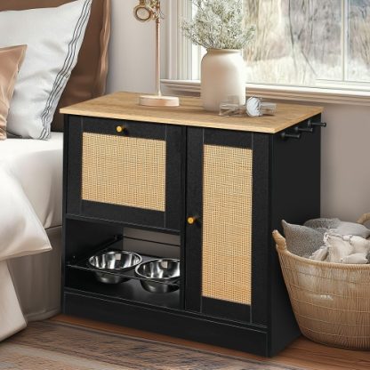 Feeding Station With 2 Lockers, Pet Feeding Station With 2 Elevated Dog Bowls, Side Hooks, Anti-tipping Kit, Hidden Pet Feeding Station For Feeding And Watering, Rattan Door, Black - Image 5