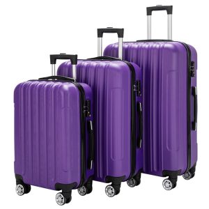 Set of 3 Spinner Wheel With Handle Trolley Case bag 20in 24in 28in ABS Aluminum Alloy Trolley Classic Color - Purple