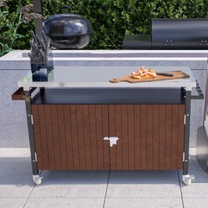 Outdoor Grill Cart With Stainless Steel Tabletop, Storage, Patio Kitchen Island With Wheels, Hooks, And Spice Rack, Waterproof Outdoor Grill Table, Movable BBQ Serving Cart Rolling Bar Cart