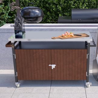 Outdoor Grill Cart With Stainless Steel Tabletop, Storage, Patio Kitchen Island With Wheels, Hooks, And Spice Rack, Waterproof Outdoor Grill Table, Movable BBQ Serving Cart Rolling Bar Cart