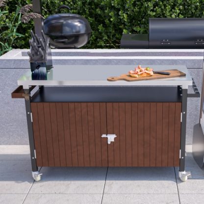 Outdoor Grill Cart With Stainless Steel Tabletop, Storage, Patio Kitchen Island With Wheels, Hooks, And Spice Rack, Waterproof Outdoor Grill Table, Movable BBQ Serving Cart Rolling Bar Cart