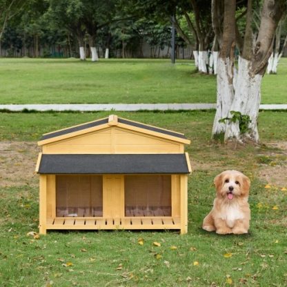 Dog House, Waterproof Dog Cage Kennel, Wooden Outdoor And Indoor Dog House, Raised Pet Kennel For Medium Dogs, Log Cabin Style With Porch,Elevated Floor,Asphalt Roof, 2 Doors, Pine Wood Natural - Image 4