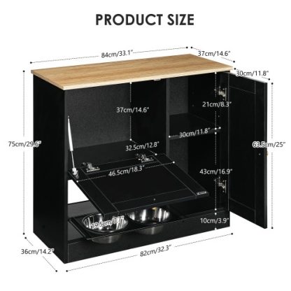 Feeding Station With 2 Lockers, Pet Feeding Station With 2 Elevated Dog Bowls, Side Hooks, Anti-tipping Kit, Hidden Pet Feeding Station For Feeding And Watering, Rattan Door, Black - Image 2