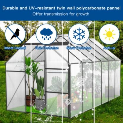 6x12 FT Polycarbonate Greenhouse Raised Base And Anchor Aluminum Heavy Duty Walk-in Greenhouses For Outdoor Backyard In All Season,Black - Image 8