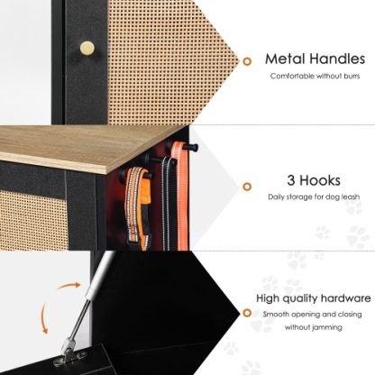Feeding Station With 2 Lockers, Pet Feeding Station With 2 Elevated Dog Bowls, Side Hooks, Anti-tipping Kit, Hidden Pet Feeding Station For Feeding And Watering, Rattan Door, Black - Image 7