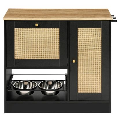 Feeding Station With 2 Lockers, Pet Feeding Station With 2 Elevated Dog Bowls, Side Hooks, Anti-tipping Kit, Hidden Pet Feeding Station For Feeding And Watering, Rattan Door, Black - Image 3