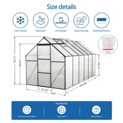 6x12 FT Polycarbonate Greenhouse Raised Base And Anchor Aluminum Heavy Duty Walk-in Greenhouses For Outdoor Backyard In All Season,Black - Image 9