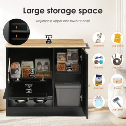 Feeding Station With 2 Lockers, Pet Feeding Station With 2 Elevated Dog Bowls, Side Hooks, Anti-tipping Kit, Hidden Pet Feeding Station For Feeding And Watering, Rattan Door, Black - Image 6