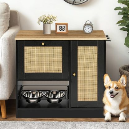 Feeding Station With 2 Lockers, Pet Feeding Station With 2 Elevated Dog Bowls, Side Hooks, Anti-tipping Kit, Hidden Pet Feeding Station For Feeding And Watering, Rattan Door, Black - Image 9