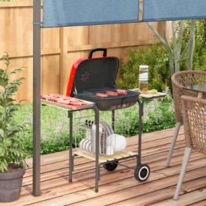 Outsunny 17 Portable Charcoal Grill With Wheels, 2 Side Tables And Bottom Shelf, BBQ With Adjustable Vents On Lid For Picnic, Camping, Backyard, Cooking, Red