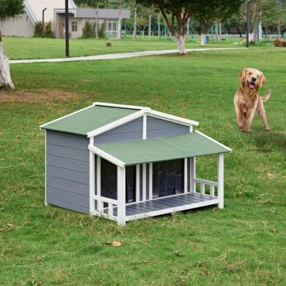 Dog House, Waterproof Dog Cage Kennel, Wooden Outdoor And Indoor Dog House, Raised Pet Kennel For Medium Dogs, Log Cabin Style With Porch,Elevated Floor,Asphalt Roof, 2 Doors, Pine Wood Natural - Image 9