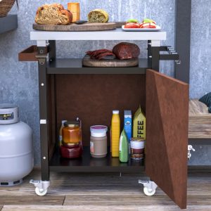 Outdoor Grill Cart With Stainless Steel Tabletop, Storage, Patio Kitchen Island With Wheels, Hooks, And Spice Rack, Waterproof Outdoor Grill Table, Movable BBQ Serving Cart Rolling Bar Cart
