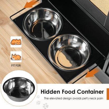 Feeding Station With 2 Lockers, Pet Feeding Station With 2 Elevated Dog Bowls, Side Hooks, Anti-tipping Kit, Hidden Pet Feeding Station For Feeding And Watering, Rattan Door, Black - Image 4